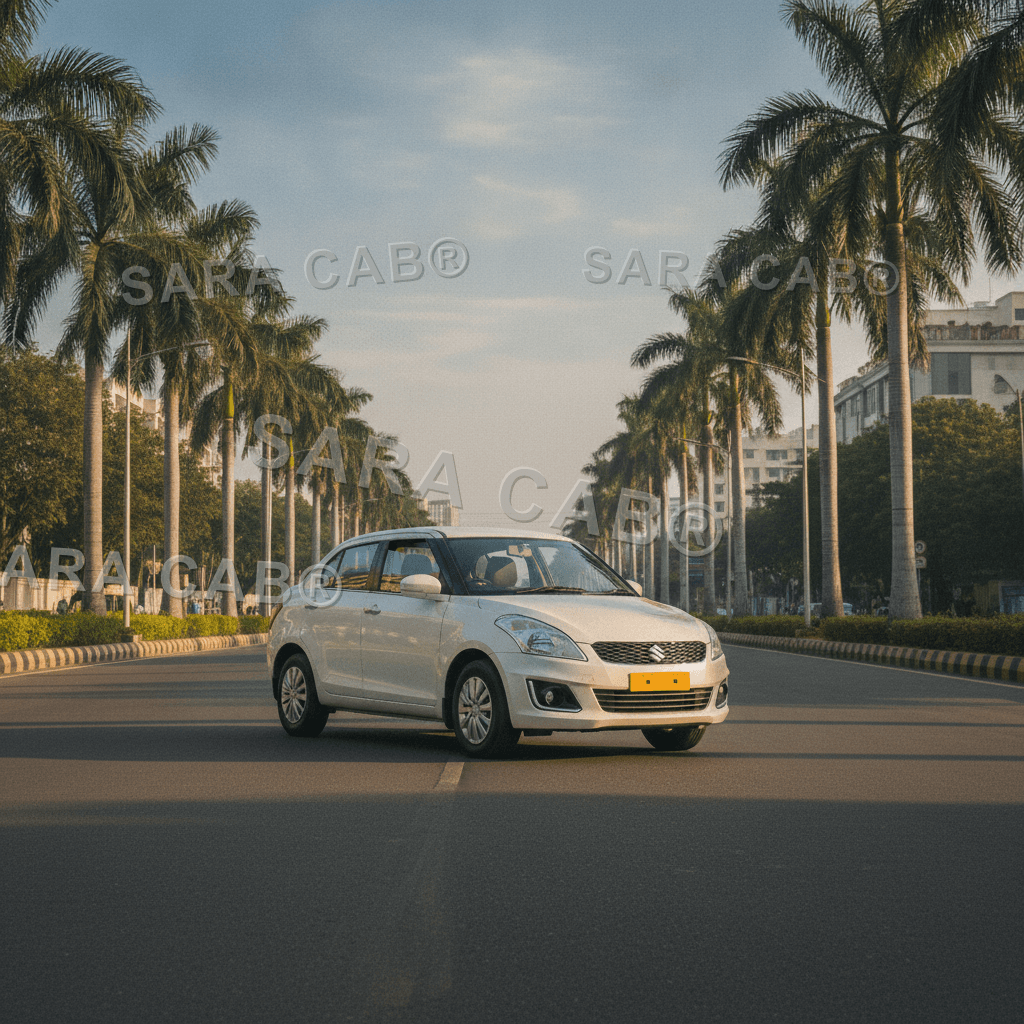 White Maruti Swift Dzire taxi on a Chennai street, chauffeur-driven with SARA CAB