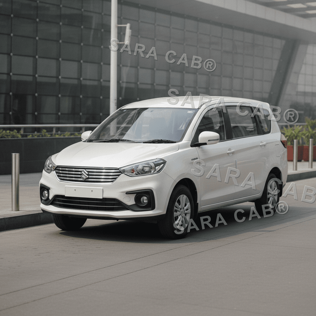 White Maruti Ertiga taxi in Bangalore, chauffeur-driven family MPV with SARA CAB