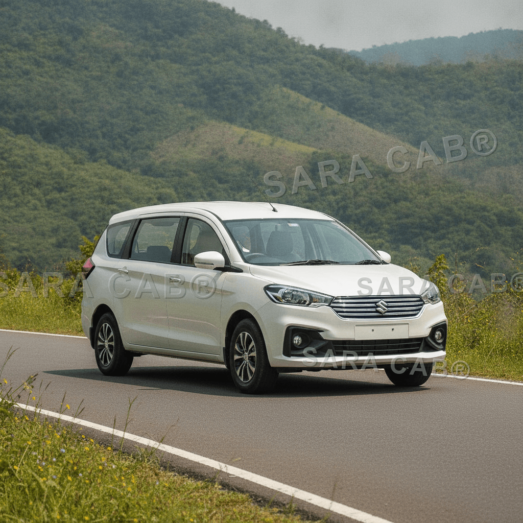 White Maruti Ertiga taxi in Mysore, chauffeur-driven family MPV with SARA CAB