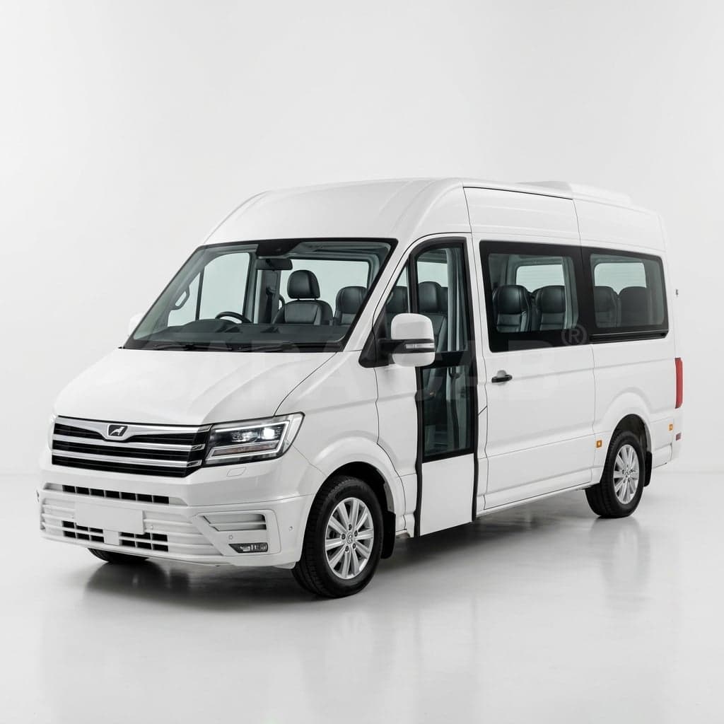 White mini bus coach in Madurai, chauffeur-driven group transport with SARA CAB
