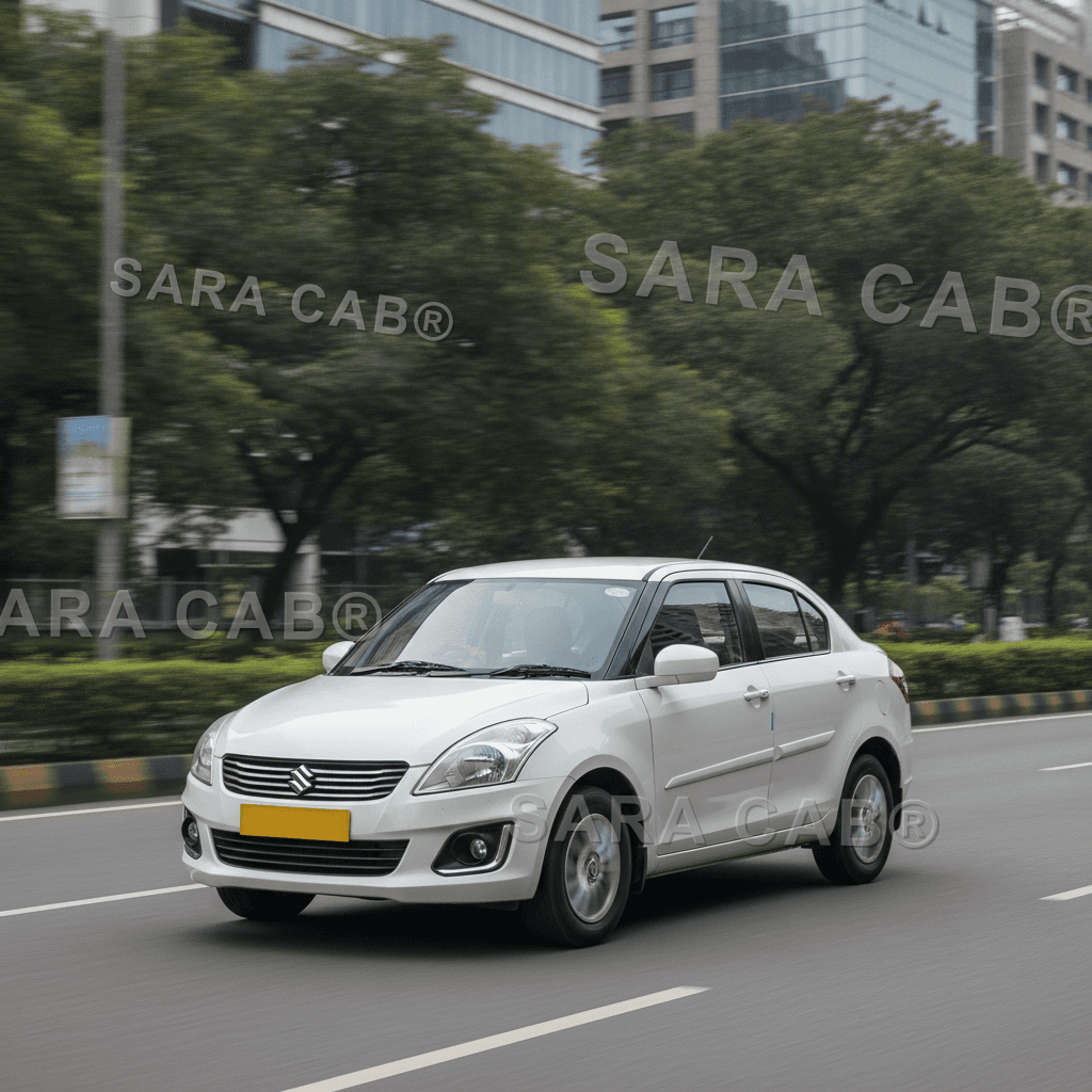 White Maruti Swift Dzire taxi in Bangalore, chauffeur-driven with SARA CAB