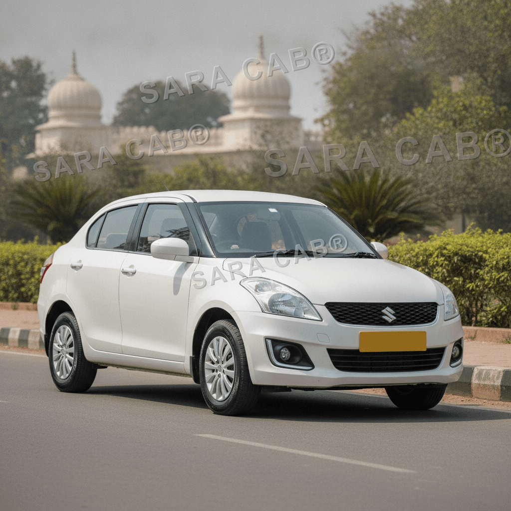 White Maruti Swift Dzire taxi in Mysore, chauffeur-driven with SARA CAB