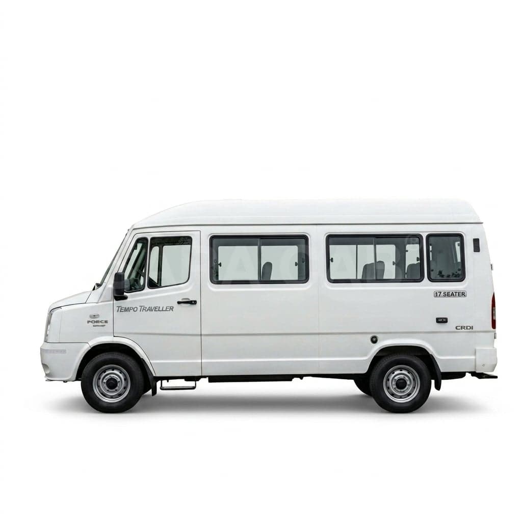White Tempo Traveller in Madurai, chauffeur-driven group van with SARA CAB